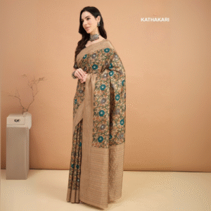 Kathakari Handcrafted Saree with Floral Motifs & Contrast Border