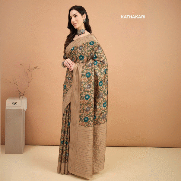 Kathakari Handcrafted Saree with Floral Motifs & Contrast Border