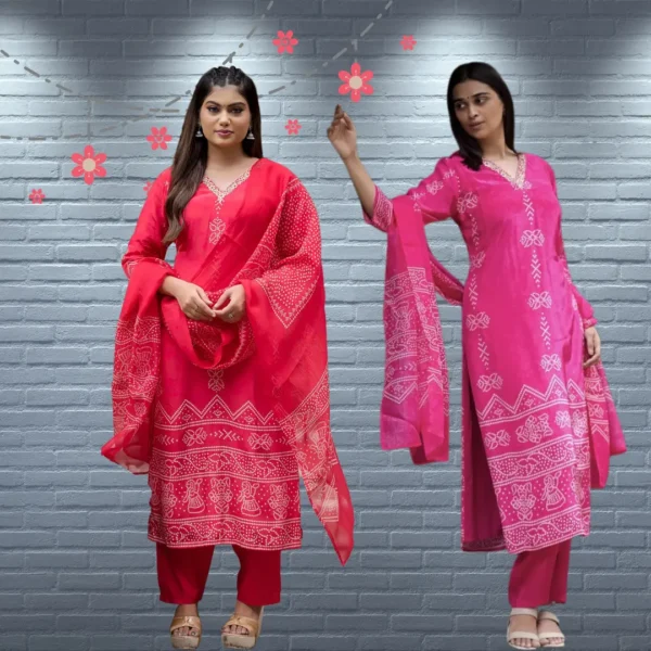 Bandhani Pure Crepe Suit Set – Hot Pink & Red Elegance - Image 5
