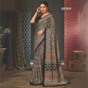 Ajrakh Print Modal Silk Saree with Traditional Block Motifs & Contrast Pallu