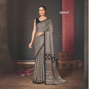 Ajrakh Print Modal Silk Saree with Heritage Block Motifs
