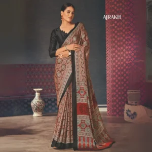 Ajrakh Printed Modal Silk Saree with Heritage Block Motifs