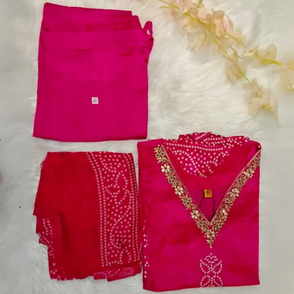 Bandhani Pure Crepe Suit Set – Hot Pink & Red Elegance - Image 3