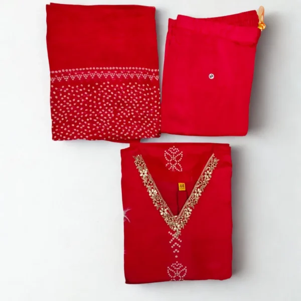 Bandhani Pure Crepe Suit Set – Hot Pink & Red Elegance - Image 4