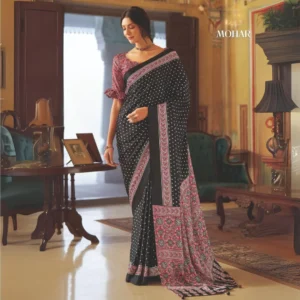 Black Modal Silk Saree with Elegant Printed Border & Pallu