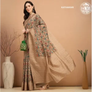 Kathakari Modal Silk Saree with Elegant Floral Print & Subtle Detailing