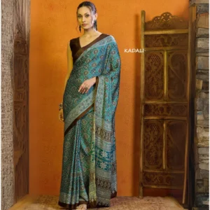Ajrakh Print Modal Silk Saree in Teal with Heritage Block Motifs
