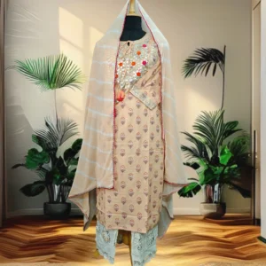 Beige embroidered ethnic suit with dupatta for women – House of Aaranya festive wear