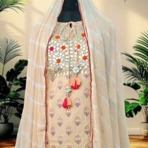 Stylish cream kurta set with embroidery and lace detailing, paired with dupatta