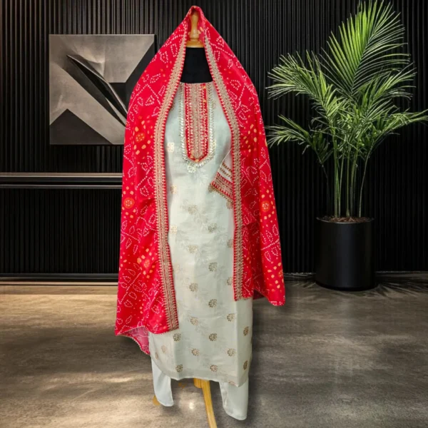 White Banarasi suit with red bandhani dupatta for women
