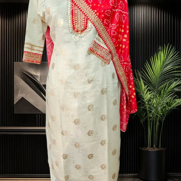 Indian festive outfit with traditional bandhej dupatta
