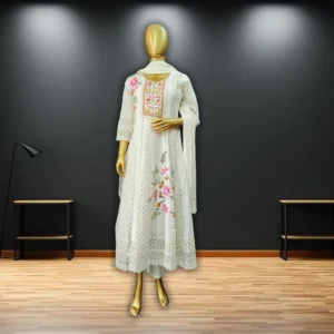 White cotton embroidered frock suit with floral design