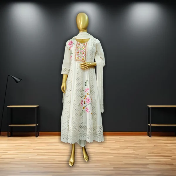 White cotton embroidered frock suit with floral design"
