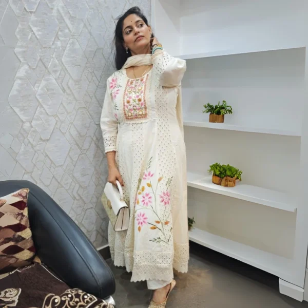 Stylish embroidered white kurta frock suit for festive wear