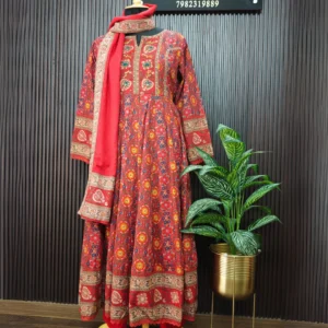 Red Pure Cotton Anarkali Suit Set with Dupatta