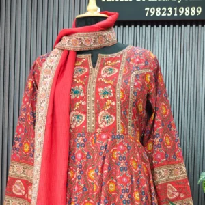 Red Pure Cotton Anarkali Suit Set with Dupatta