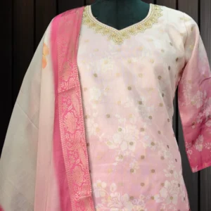 Silk Suit with Organza Digital Print Dupatta – Pink & White ombré shade with Embroidered Neckline