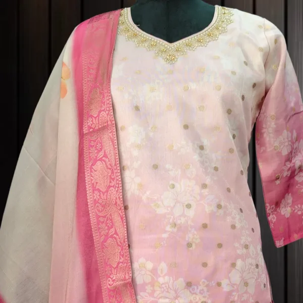 Silk Suit with Organza Digital Print Dupatta – Pink & White ombré shade with Embroidered Neckline - Image 2
