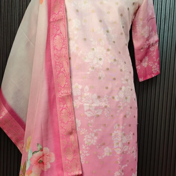 Silk Suit with Organza Digital Print Dupatta – Pink & White ombré shade with Embroidered Neckline - Image 3