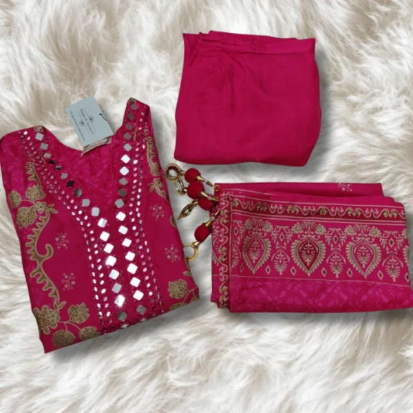Fuchsia pink modal silk suit with golden embroidery for women, festive ethnic wear from House of Aaranya