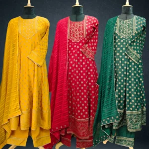 Mustard Yellow | Green | Red Soft Cotton Frock Suit with Dupatta
