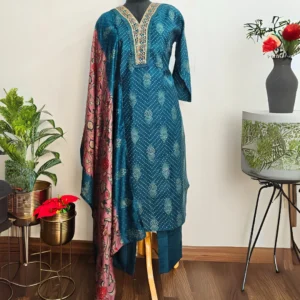 Peacock Blue Bandhani Silk Suit Set with Embroidered Neckline