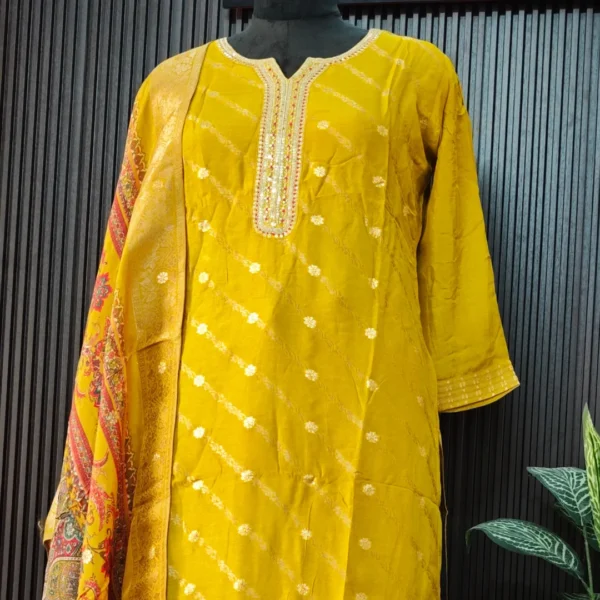 Mustard Banarasi Silk Suit Set with Dupatta - Image 3