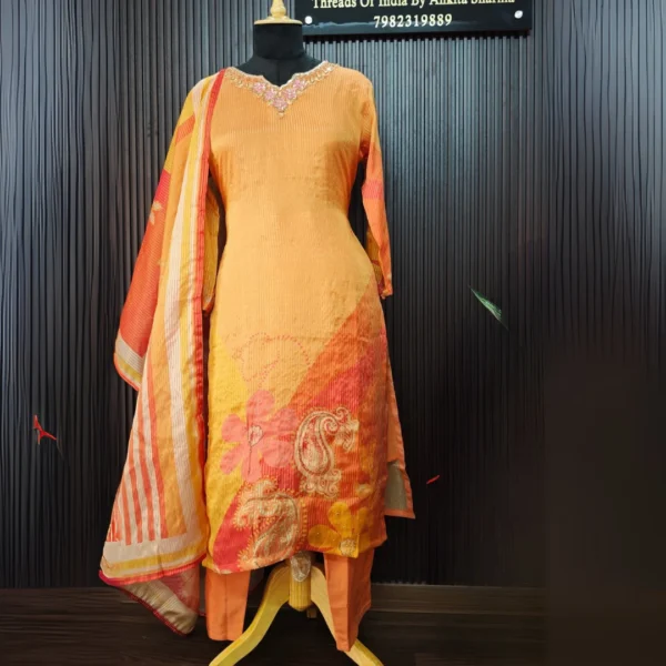Peach Silk Teen Suit Set with Printed Dupatta