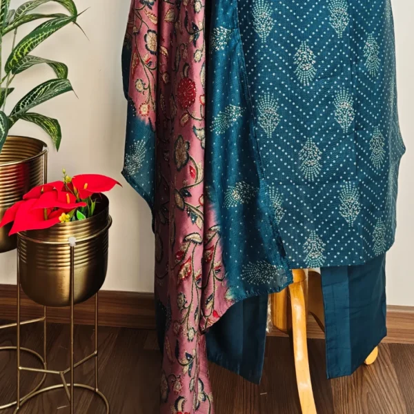 Peacock Blue Bandhani Silk Suit Set with Embroidered Neckline - Image 2