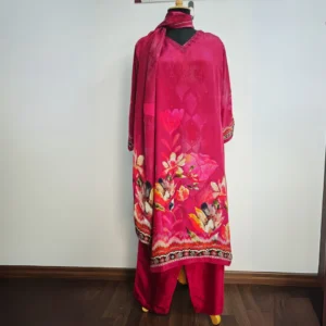 Dark magenta pure crepe suit set with floral print