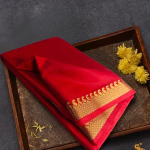 Red Semi Mysore Crepe Saree with Golden Zari Border