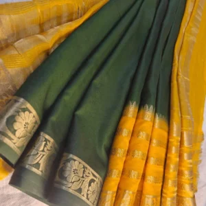 Royal Green-Yellow Semi Mysore Crepe South Saree