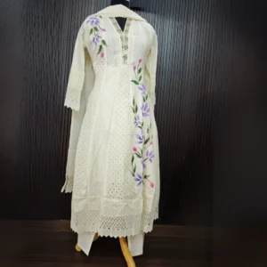 Elegant Cream Cotton Suit with Handpainted Floral Design
