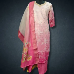 Silk Suit with Organza Digital Print Dupatta – Pink & White ombré shade with Embroidered Neckline