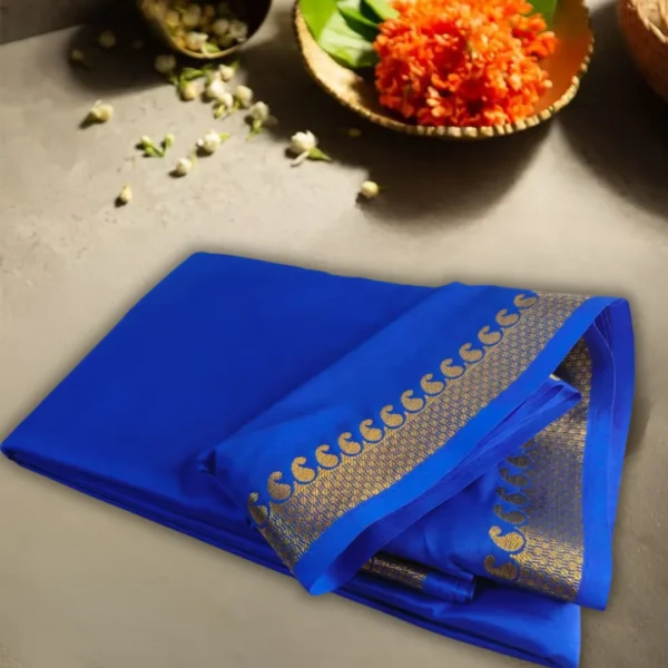 Royal Blue Semi Mysore Crepe Saree with Golden Zari Border