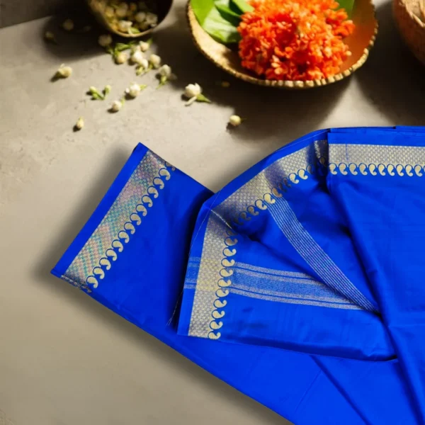 Royal Blue Semi Mysore Crepe Saree with Golden Zari Border - Image 2