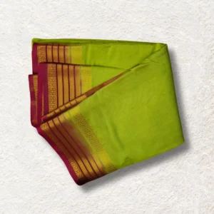 Green Semi Mysore Crepe South Saree with Maroon & Golden Zari Border