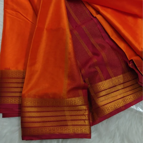 Elegant Orange Semi Mysore South Crepe Saree with Maroon Zari Border - Image 2
