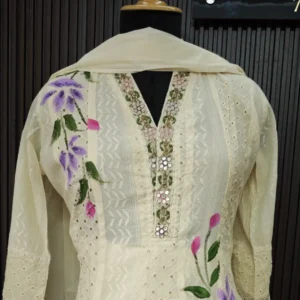 Elegant Cream Cotton Suit with Handpainted Floral Design