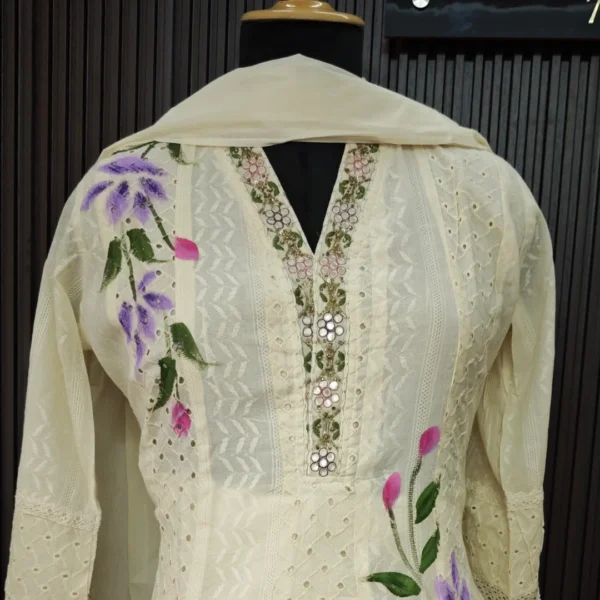 Elegant Cream Cotton Suit with Handpainted Floral Design - Image 2