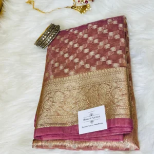 Pink Tissue Silk Saree with Golden Zari Checks & Rich Border