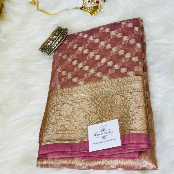 Pink Tissue Silk Saree with Golden Zari Checks & Rich Border