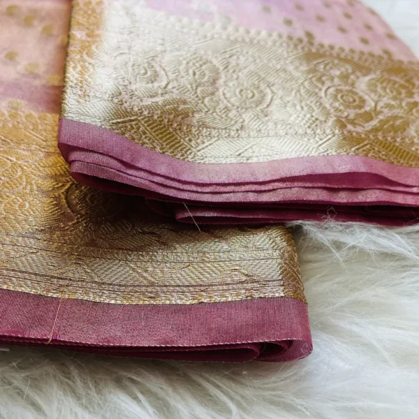 Pink Tissue Silk Saree with Golden Zari Checks & Rich Border - Image 2