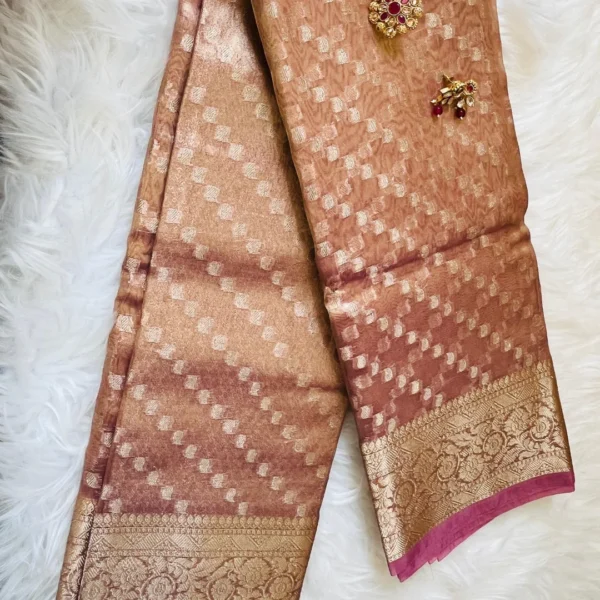 Pink Tissue Silk Saree with Golden Zari Checks & Rich Border - Image 4