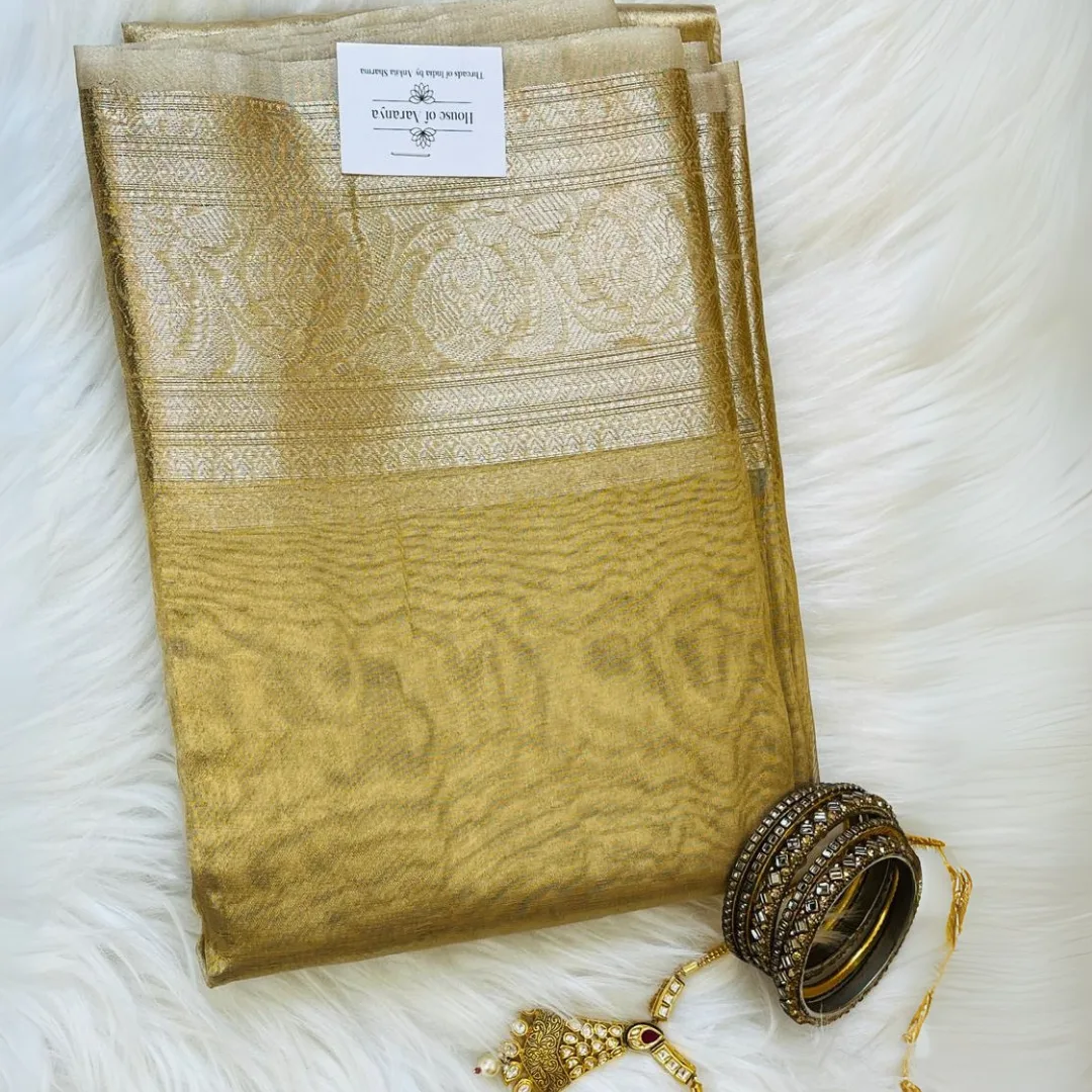 golden tissue silk saree zari border silk saree house of aaranya