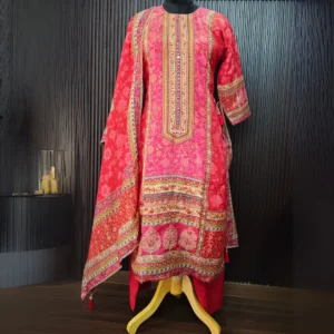 Pink Silk Suit Set with Intricate Neckline Work