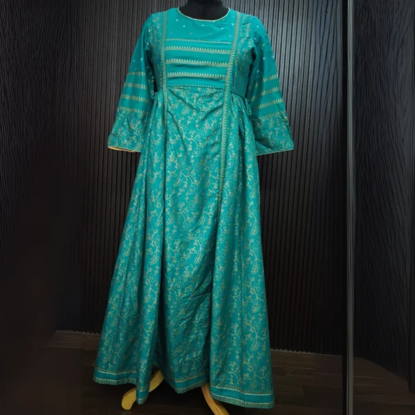 Teal Green Maal Cotton Anarkali Dress with Golden Detailing