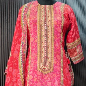 Pink Silk Suit Set with Intricate Neckline Work