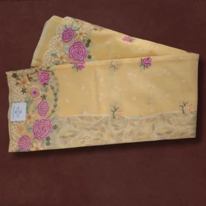 Soft Yellow Organza Saree with Floral Embroidery