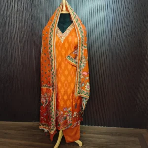 Orange cotton suit with Kalamkari print and embroidery